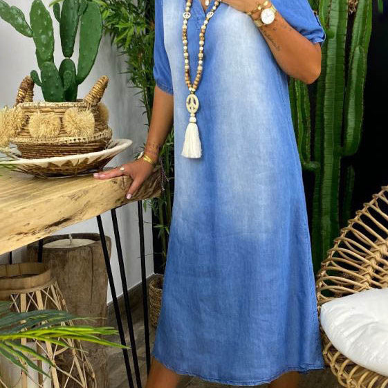 Torilda | Sommer V-hals Halv Denim Kjole